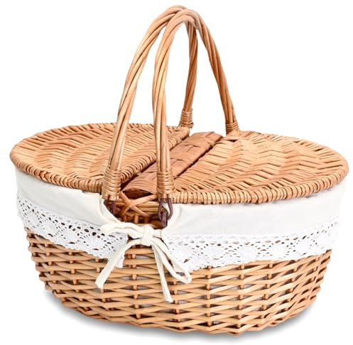Picknickkorb aus Weidengeflecht mit herausnehmbarem Einsatz, Leere Picknickkörbe mit Deckel, Picknickkorb mit faltbaren Griffen, für Picknick, 2, natürliche Farbe, groß