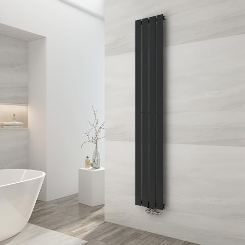 EMKE Design Heizkörper Schmal Hoch, 1800x304 mm Vertikal Flachheizkörper mit Mittelanschluss, Einlagig Schwarz Paneelheizkörper Wandheizkörper für Bad, Schlafzimmer & Wohnzimmer, 559W