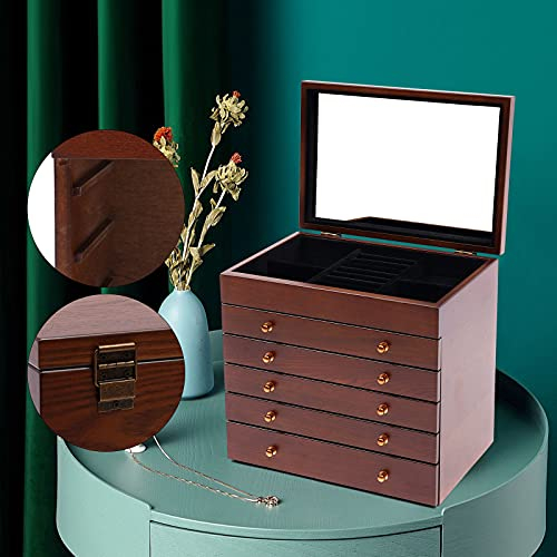 6 Ebenen Schmuckschatulle SchmuckkäStchen Schmuck Aufbewahrungsbox Mit Spiegel Holz Schmuckkoffer GroßE SchmuckkäStche Und Schublade Gift Groß Kasten Box Retro Schmuckkasten GroßEs Rechteckig Braun