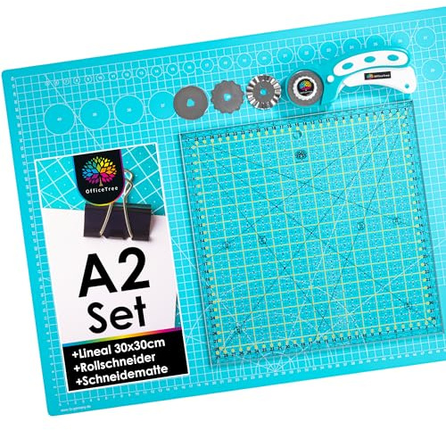 OfficeTree Schneidematte Set A2 60x45 + Rollschneider + Patchwork Lineal 30x30 cm - Schneidematte A2 Selbstheilend - Schneiderlineal Schneiderunterlage und Rollschneider Set - Schneidunterlage nähen
