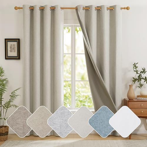 Deconovo Thermal 100% Blackout Curtains Eyelet, Faux Linen with Microfiber Back Layer, Noise Reducing Ring Top Curtains for Living Room, 52 x 63 Inch, Linen, 2 Panels