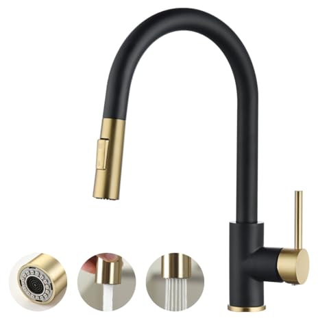 Havin Gold and Black Kitchen Faucet with Pull Down Sprayer, High Arc Stainless Steel Material, with cUPC Ceramic Cartridge,Without Deck Plate,Fit for 1 Hole Kitchen Sink or Laundry Sink SS501GB