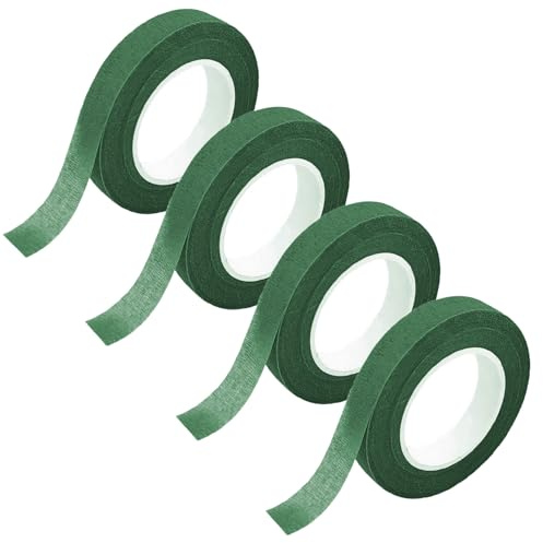 Qikaara 4 Rollen Flora Kreppband, Grün Floristenband, 12mm*27m Selbstklebend Floristenkrepp Blumenband, Klebeband Flora Blumenband für Blumensträuße DIY Kunsthandwerk Florist Floral Wire Tape green