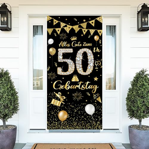 Deko 50. Geburtstag Banner - Alles Gute zum Geburtstag für Frauen und Männer, Lange Größe Schwarzes Gold 50 Geburtstag Party Deko 185 × 90 cm