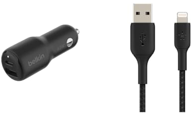 Belkin Premuim Car Bundle(42W Dual Port Fast Car Charger & USB-A to Lightning 1m Charging Cable)