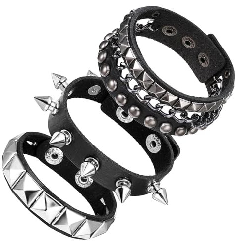 Giantree 3 Stück Unisex Punk Besetztes Armband, Nietenarmband Punk Rock Armbänder Gothic Nieten Armband Manschette Verstellbare Armreif für Halloween Weihnachten Kostümparty Konzert
