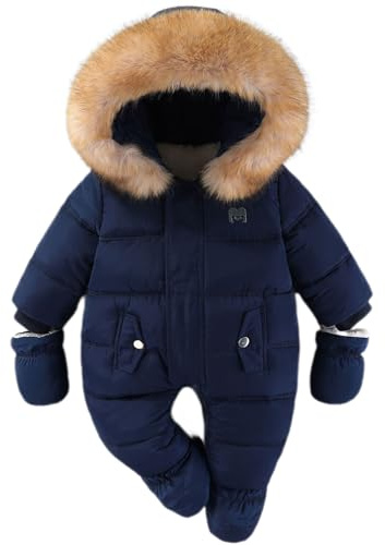 BRONG Baby Winter Snowsuit Toddler Fleece Romper Hooded Jumpsuit Infant Boys Girls Warm Zipper Outerwear with Gloves Blue 6-9 Months