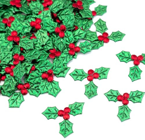 Qiuyan 100pcs Mini Triple Leaf Holly Berries, Christmas Simulation Holly Berries Artificial Holly Leaves for Christmas Wreath Card Gift Tags Table Decorations (3.5 CM)