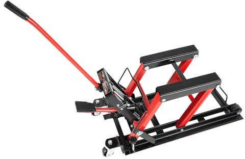 soudesileim Motorradhebebühne, 680Kg Belastbar Motorradheber Hydraulisch, Langer Griff, Stabiler Sockel, Montagebock Klapp Hebebühne Plattform Höhenverstellbar (Schwarz+Rot)