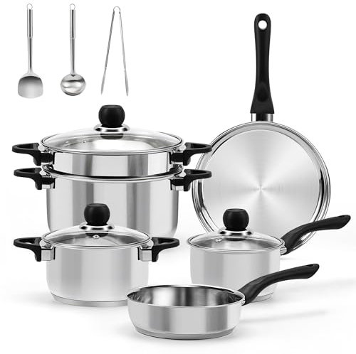 Juego de ollas y sartenes, juego de utensilios de cocina de acero inoxidable de 12 piezas, juegos de cocina con asas que se mantienen frías, vaporizador, juego de utensilios, compatible con inducción,
