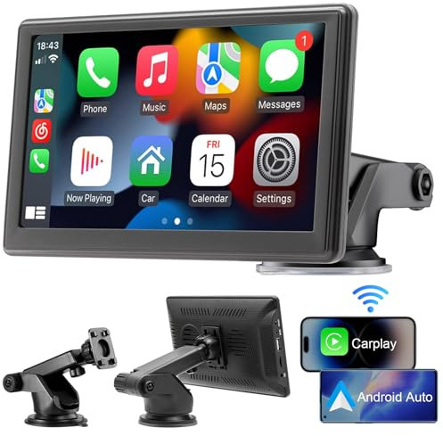 AKOFIC Wireless Car Play Screen, Portable Car Video Player Compatible with Apple Carplay & Android Auto, 7 Inch IPS Touch Screen Car Stereos with GPS Navigation, Mirror Link, Bluetooth, FM