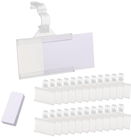 QUARKZMAN 100uds Alambre Estante Etiqueta Soporte con Etiqueta Papeles 2 x 1,4 Pulgadas Plástico Reutilizable Cesta Etiquetas Soportes con A Presión Bloqueo, Transparente