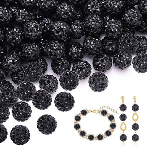 Yixinly 120 Stück 10mm Perlen zum Auffädeln, Strass Perlen und Clay Beads mit Loch für Halsketten, Armbänder und Ohrringe - DIY-Dekoration (Schwarz)
