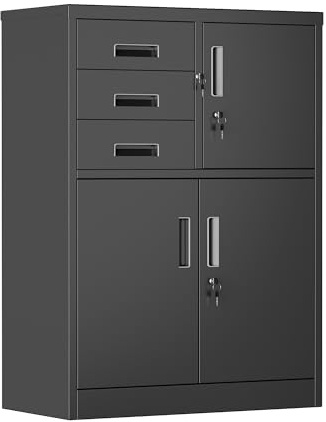 SUPEER Metal Storage Cabinet with 3 Doors and 3 Drawers, Metal File Cabinet with Doors and Shelves, Locking Steel Cupboard for Office,Warehouse, Home 110x80x40cm