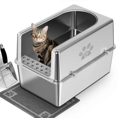 PTLOM Lettiera in Acciaio per Gatti Inox Cassetta Gatto Alimentare L: Coperchio,Tappetino,Paletta, Bordi Alti Arrotondati – Antiruggine, Antiodeur, Stagna per Multi-Gatto,59.5x39.5x30cm