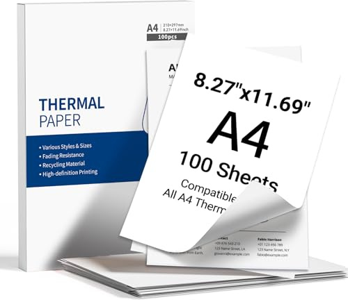 TATTMUSE Papier pour Tmprimante Portable Thermique A4, 100 Feuilles, Sans BPA, Sans BPS, 210x297mm