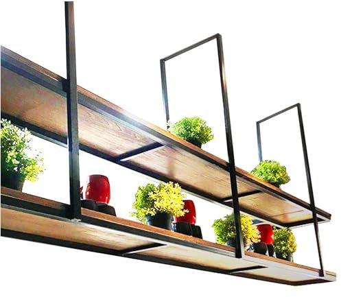 Ceiling Hanging Plant Shelves Flower Pot Stand Floating Display Shelves Kitchen Storage Shelving Wine Holder for Bar Cellar Solid Wood Board + Iron Frame Modern Rustic Hanging Shelf for Home