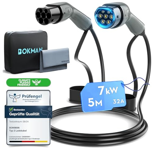 bokman Cavo Ricarica Auto Elettrica Tipo 2, 7.2 KW / 5 Metri / 32A / 1 Fase/modalità 3, Cavo Tipo 2 con Borsa per Il Trasporto Applicabile a 500e/Model Y/3/Primavera/ID.3/ID.4/e-208