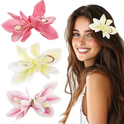 Hawaianas Pinzas Pelo Mujer Niña, Clips de Pelo de Flor, Orquídea Cymbidium Pasadores Pelo Colores Horquillas Grandes Flores para el Pelo, Accesorios pelo Mujer Tocados de Boda Fiesta Playa