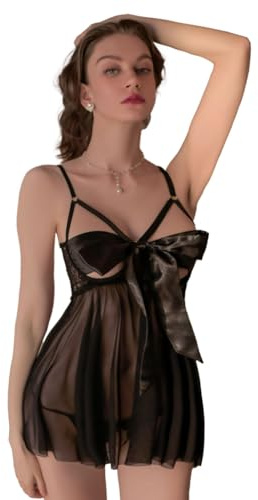 Auriselle Sexy Lingerie Set Donna Body Nightwear Erotico Pizzo Traslucido Strappy Bow Hole Reggiseno Mutandine Regolabili Aperte Camicia da Notte Lingerie Sexy Seducente, Taglia Unica Nero