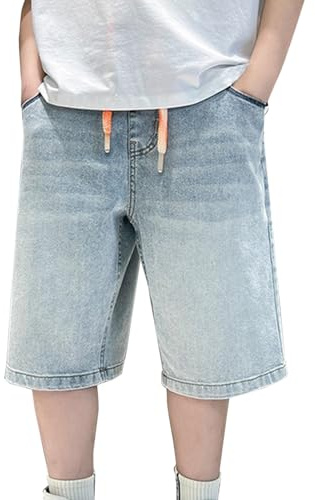 Kids Boys Short Jeans Vintage Cargo Wide Leg Short Denim Trousers with Pockets Boys Baggy Wide Leg Elastic Waist Streetwear Bottoms Knee Length Straight Casual Comfy Denim (Light Blue-L, 8-9 Years)