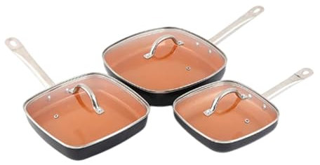 Wdbild Juego de 6 sartenes cuadradas de aluminio de color cobre para cocinar rápida y uniformemente con revestimiento antiadherente