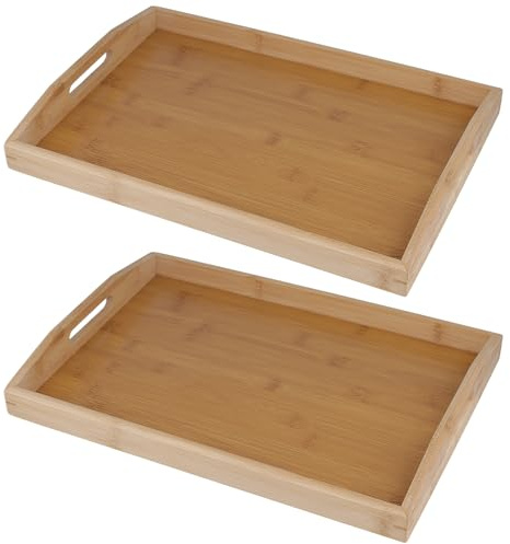 2 x Tablett 40x29x5 cm, Bambus Serviertablett mit Griffe,Großes Holztablett | rechteckiges Frühstückstablett für Tee, Kaffee und Kaffeetisch