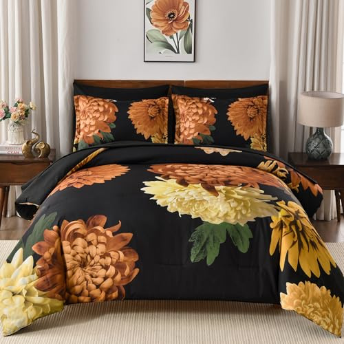 DJY Comforter Set Queen Size, 7 Piece Black Floral Comforter Set with Sheets Elegant Flower Print Bed in a Bag Soft Microfiber Complete Bedding Set for All Season