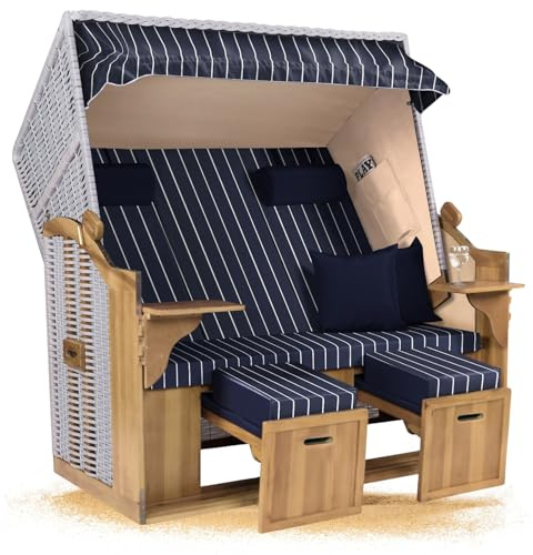 Strandkorb Hanse Ostsee XXL 2,5 Sitzer Volllieger Weiß 150cm breit, ideal für Garten, Terrasse und Balkon (Blau Weiß Nadelstreifen, Zerlegt)