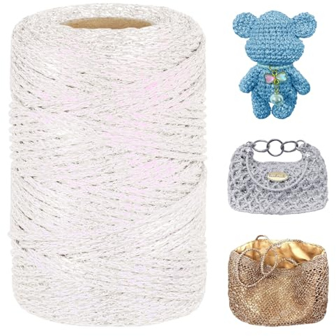 LEREATI Metallic Häkelgarn 3mm x 100m Makramee Garn zum Häkeln & Stricken Glitzergarn Polyester Garn für Handtaschen Hut Korb Häkeln, DIY Bastelarbeiten (Weiß)