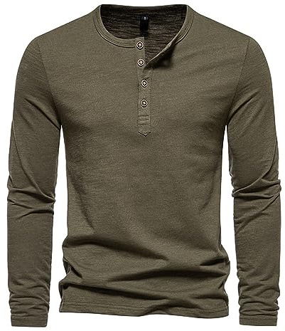 2026 - Moda Hombre Simple Casual Botón Jersey Camiseta de Manga Larga Declaraciones Tops Hombres, verde, M