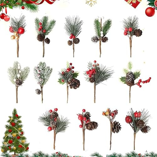 14 Stück Künstliche Weihnachtsbeeren und Tannenzweige 20CM Groß Deko Zweige mit Roten Beeren Tannenzapfen Stechpalmenstiele|, DIY Basteln Winterferien Blumenstiele für Weihnachtskränze,Heimdekoration