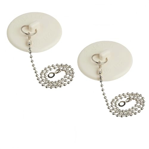 Bepisof 2 Pack White Rubber Tub Stopper with Stainless Steel Beaded Chain, Light Pull Chain, Pull Chain Light Fixture, Bathroom Sink Stopper, Drain Plug for 1.5–2 Kitchen Sink, Bathtub & Bathroom