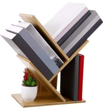 VALICLUD Tree Bookshelf Wooden Bookcase Small Desktop Bookcase 3-layer Light Walnut Storage Rack for Student Study Table Organization