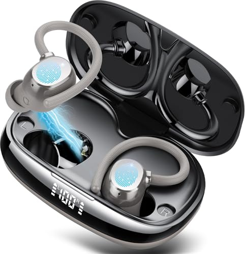 Écouteurs Bluetooth Sport, Ecouteurs Bluetooth 5.4 sans Fil avec HiFi Stéréo, 80H Oreillette Bluetooth ENC Réduction Antibruit Mic Casque Bluetooth, Ecouteurs sans Fil Écran LED pour Courir, Gris