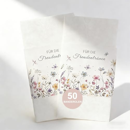 50 Stück Freudentränen Taschentücher Banderole, Hochzeit Papiertüten mit Klebepunkte, Freudentränen Taschentuchhalter, Blume Verpackung für Hochzeitsdeko Gastgeschenke, Hochzeit Zubehör Dekoration