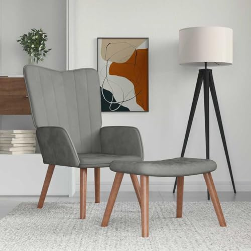 SooIarix Relaxfåtölj med pall, ljusgrå sammet, stoppstol med skumstoppning, öronfåtölj, loungefåtölj för sovrum, massiva träben