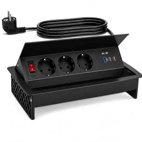 Prise Encastrable Plan de Travail 6 en 1, Bloc Multiprise Encastrable avec USB-C PD 30W et USB-A QC, 3 Prises avec Interrupteur, Aluminium, Prise Escamotable pour Cuisine et Bureau