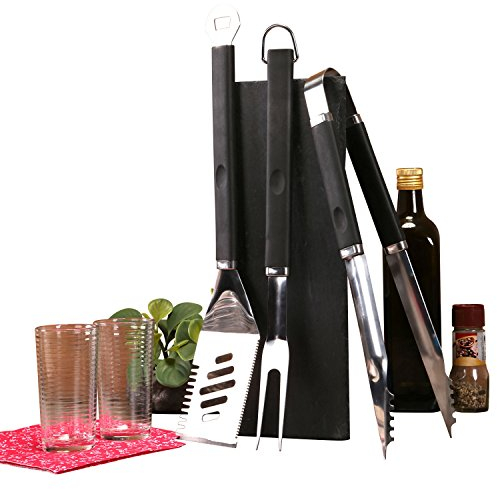 culinario BBQ 3er-Set Grillbesteck mit Grillzange, Grillgabel, Flaschenöffner und innovativer Grillbürste