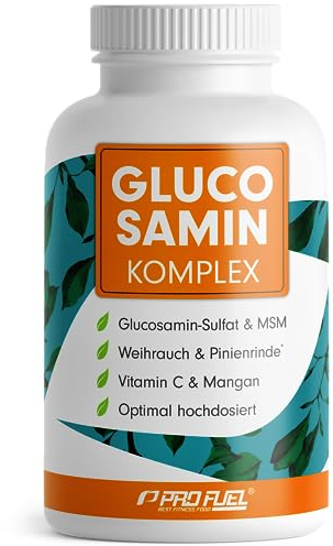 Glucosamin Komplex hochdosiert, 120 Kapseln, Hochwertige Matrix mit Glucosamin, Weihrauch, MSM, Pinienrinde, Mangan und natürlichem Vitamin C aus Hagebutten-Extrakt, optimal hochdosiert, Monatsvorrat