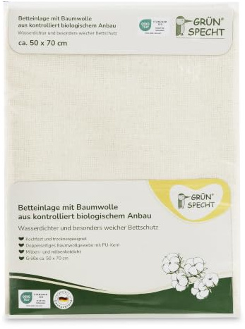GRÜNSPECHT Wasserdichte Betteinlage 50 x70 cm, 100% Baumwolle (kbA) | Saugstark und weich, Nässesperrschicht, doppelsetiges Baumwollgewebe, urinundurchlässig, Made in Germany