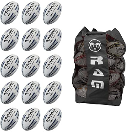 Ram Rugby Match Ball Bundle - 15 x Raider Match Ball + Breathable Bag (Black, 5)