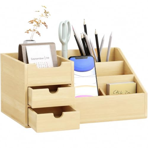 HOMCOM Schreibtischorganizer Mit Schublade Natur 33 x 20,5 x 15,5 cm | Aus Bambus, Aufbewahrungsbox, Stiftebox, Büro Box Organisation, Stiftehalter für Schreibtisch, Büro