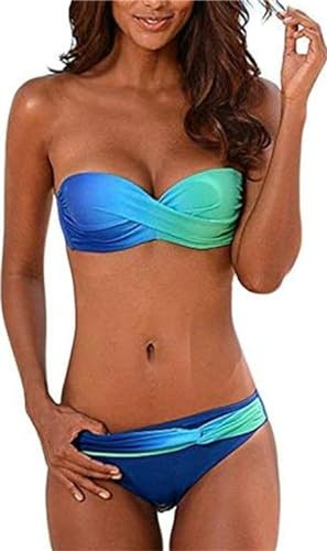 Hotgreenpepper Womens Halterneck Strapless Bandeau Twist Push Up Tie Dye Bikini Set Swimsuit(Blue/Green,L 14-16UK)