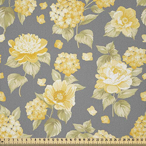 ABAKUHAUS Flower Fabric by the Yard, Hydrangea Chrysanthemum Hortensia Pattern Countryside Old Style Illustration, Microfiber Fabric for Arts and Crafts Textiles Decor, 10M, Yellow Grey Green