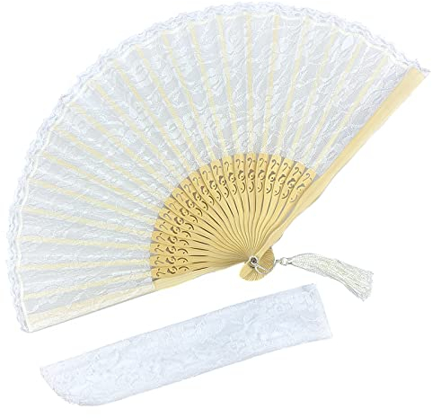 Eastern Wind ventaglio pieghevole da sposa in pizzo bianchi, ventagli matrimonio di bambù fatto a mano, include una copertura in pizzo bianco. 22x40 cm
