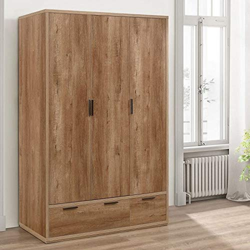 happybeds Large Wooden Wardrobe, Stockwell Rustic Oak 3 Door Combination Wardrobe 185 cm x 120 cm x 58 cm