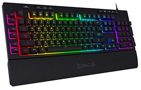 Redragon K512 Shiva RGB Backlit Membrane Gaming Keyboard US-Layout with Multimedia Keys, Linear Mechanical-Feel Switch, 6 Extra On-Board Macro Keys, Dedicated Media Control, Detachable Wrist Rest