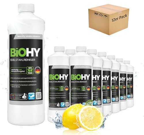 BiOHY Nettoyant pour acier inoxydable (12 x 1l Bouteille) | Entretien de l'acier inoxydable pour un nouvel éclat sans traces | Protection digitales, les taches (Edelstahlreiniger)