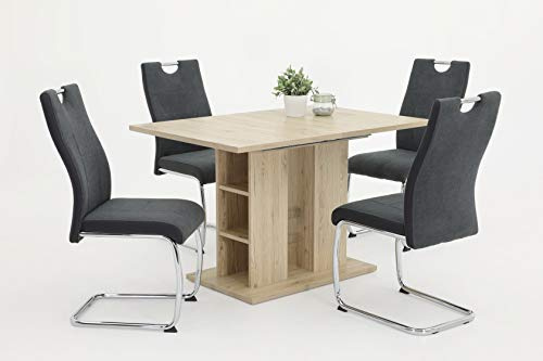 Hela Tische Alina Set da pranzo da 5 pezzi, con tavolo a colonna in rovere Sanremo da 120-180 x 80 cm e 4 sedie cantilever, struttura in metallo cromato